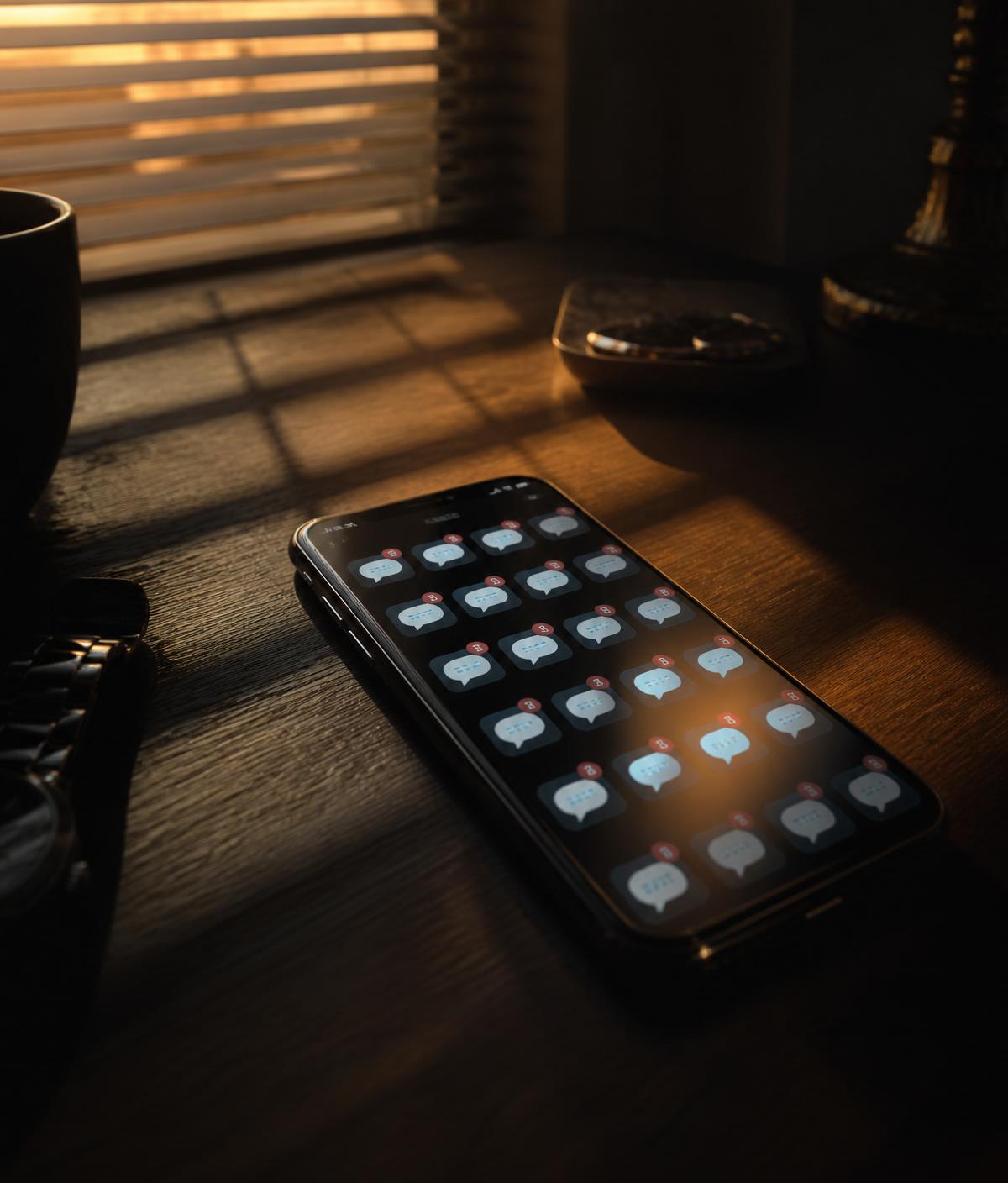 Notificações não respondidas em um smartphone sobre mesa escura, luz dourada